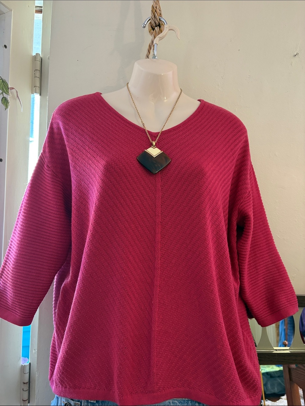 Chico's Raspberry Scoop Neck Textured Knit Sweater
